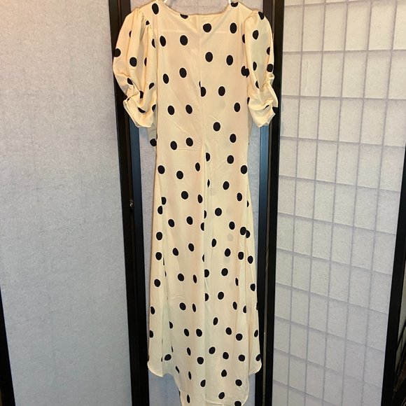 A New Day Crepe Rouched Cinched High Low Dot Dress Cream/Black NWT Short Sleeve - Picture 2 of 11